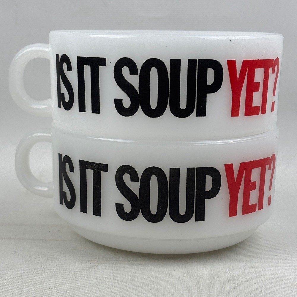 Vintage Glasbake Is It Soup Yet? Set of 2 Mug Bowl Handle White Milk Glass USA‎
